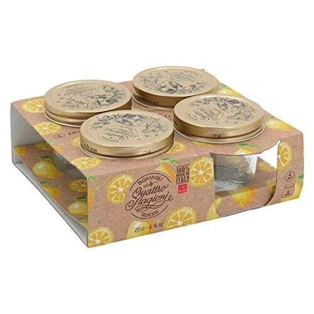 Bormioli Rocco Quattro Stagioni Italy 4 Clear Jelly Jars 6.75 oz Gold Lid 3.5-in